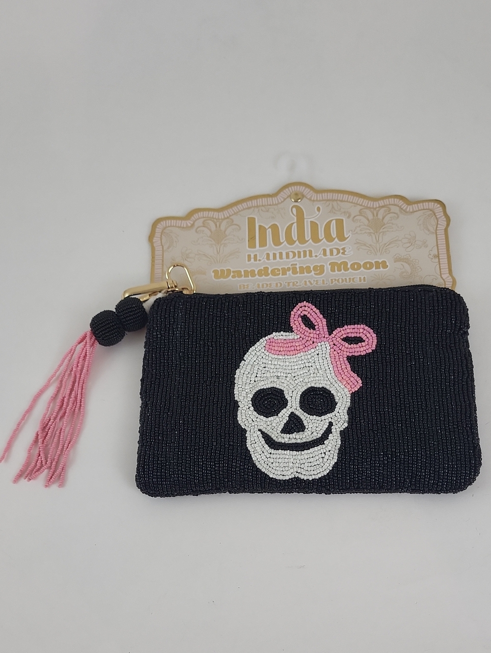 Wandering Moon Skull w/Pink Bow Beaded Tasseled Travel Pouch Bag Halloween NWT!